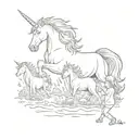 A playful unicorn playing with a group of children in a stand tattoo design idea