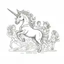 A playful unicorn playing with a group of children in a stand tattoo design idea