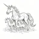 A playful unicorn playing with a group of children in a stand tattoo design idea
