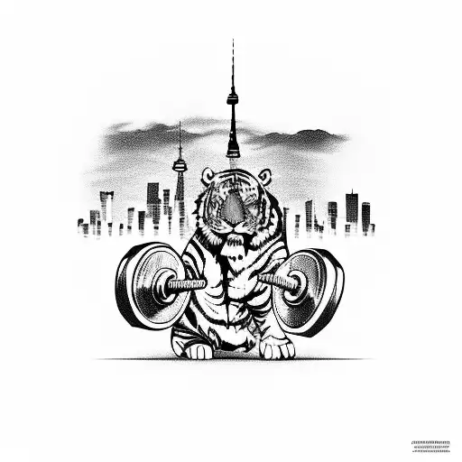 A powerful tiger lifting weights in a gym with the Toronto skyline in the background tattoo design idea