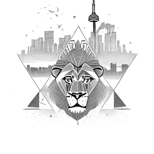 A powerful lion lifting weights in a gym with the Toronto skyline in the background tattoo design idea