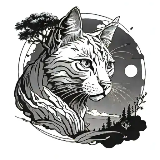 A minimalist tattoo design of your cat Lucifer with a subtle nod to your love for drawing landscapes, in a black-grey style tattoo design idea