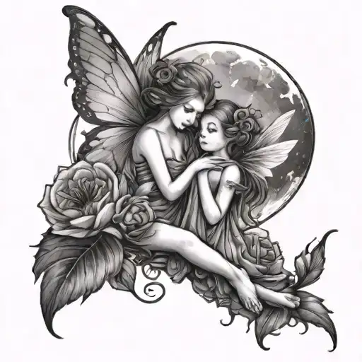 fairies with little moon shining with flowers forming beautiful  tattoo design idea