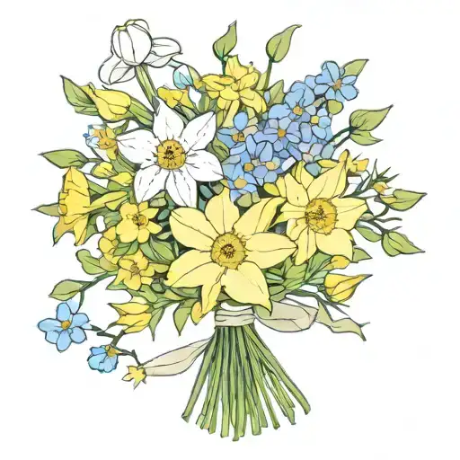daffodil, cosmos, morning glory bouquet tied tattoo design idea