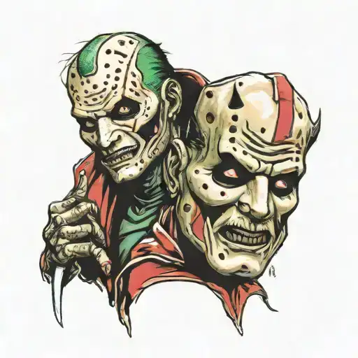 jason vorhees holding Freddy Krueger head tattoo design idea