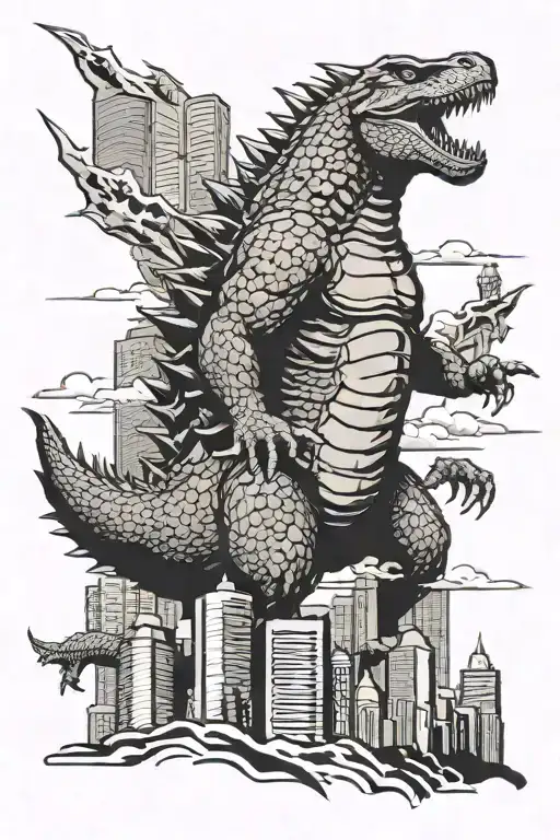 Godzilla towering over skyscrapers tattoo design idea