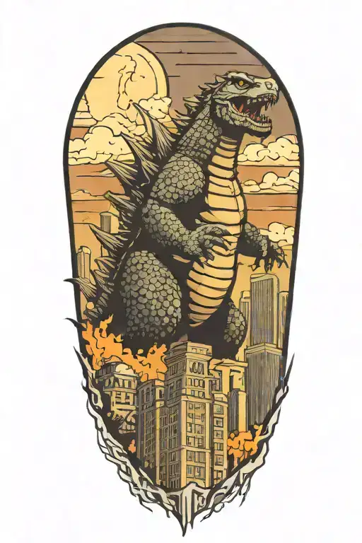 Godzilla towering over skyscrapers tattoo design idea