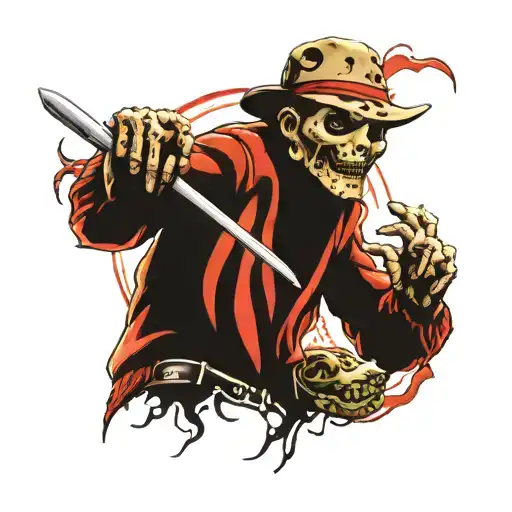 Jason vorhees holding Freddy Krueger head tattoo design idea