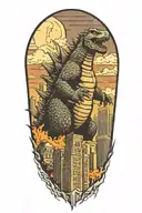 Godzilla towering over skyscrapers tattoo design idea