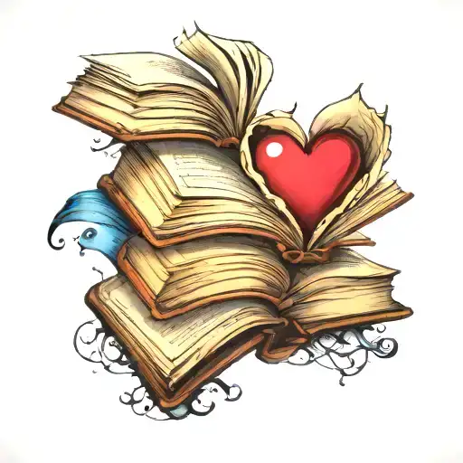 books pile open book with ink heart shape tattoo design idea