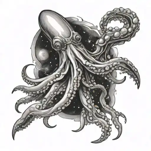 A surreal tattoo of a giant squid wrapping its tentacles around a galaxy tattoo design idea