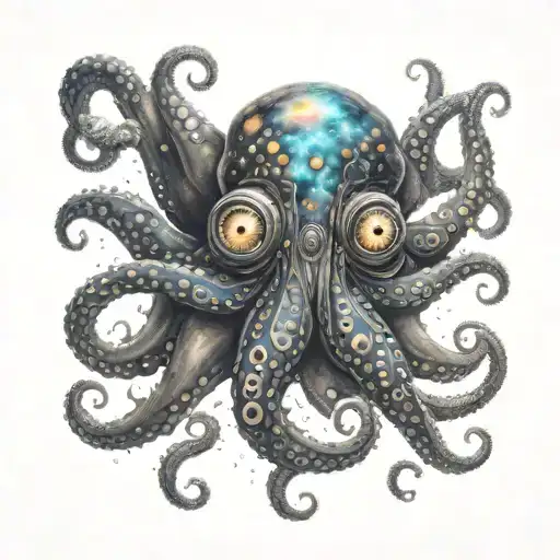 A cosmic kraken with eyes made of galaxies and stars tattoo design idea