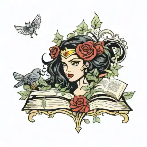 Classic books, Childrens names, hearts, DC Comics Wonder Woman, Scorpio, Taurus, Birds, Peonies, Roses tattoo design idea
