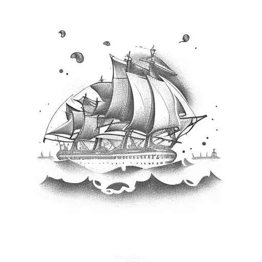 burning ship tattoo design idea