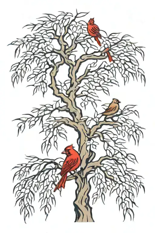 weeping willow tree with cardinal bird tattoo design idea
