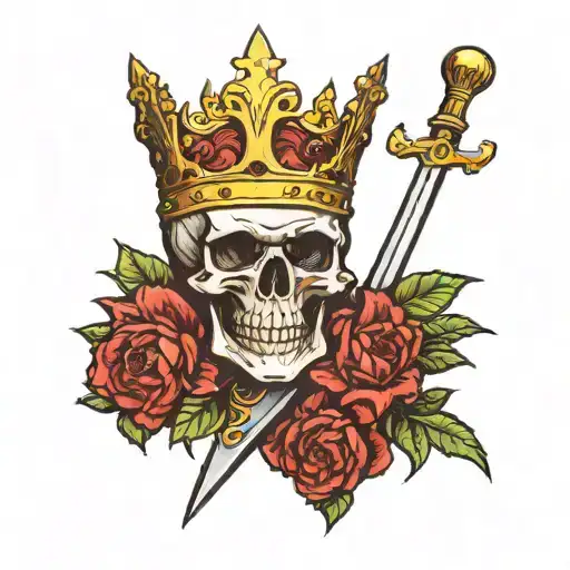 skull wearing the golden crown of King Arthur tattoo design idea