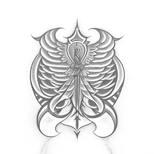 A cursive script spelling out the word 'harmony' with angel wings extending from the letters tattoo design idea