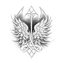 A cursive script spelling out the word 'harmony' with angel wings extending from the letters tattoo design idea