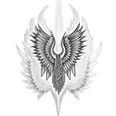 A cursive script spelling out the word 'harmony' with angel wings extending from the letters tattoo design idea