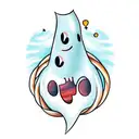 A cute casper-type cartoony sheet ghost trapped in an infinity sign saying boo tattoo design idea