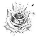 Rose and graveyard cross and music notes tattoo design idea