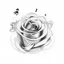 Rose and graveyard cross and music notes tattoo design idea