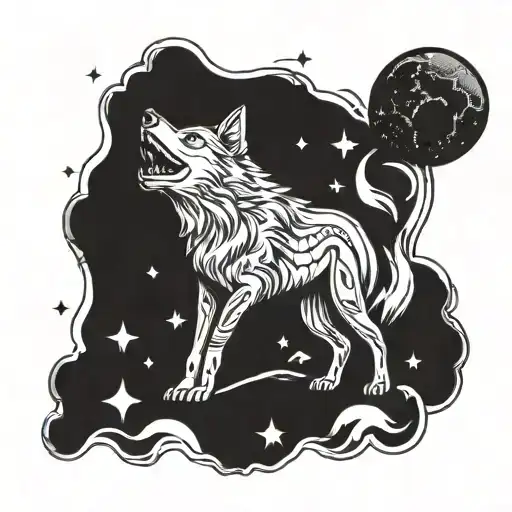 A tattoo design featuring a wolf howling at the moon surrounded by iconic superhero symbols tattoo design idea