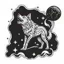A tattoo design featuring a wolf howling at the moon surrounded by iconic superhero symbols tattoo design idea