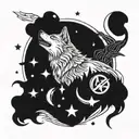 A tattoo design featuring a wolf howling at the moon surrounded by iconic superhero symbols tattoo design idea