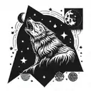 A tattoo design featuring a wolf howling at the moon surrounded by iconic superhero symbols tattoo design idea