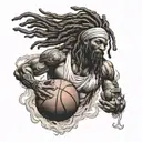 Greek go with dreadlocks holding a flamming basketball tattoo design idea