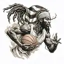 Greek go with dreadlocks holding a flamming basketball tattoo design idea