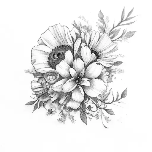 A delicate bouquet of birth month flowers (Feb, March, April, May, Sept) tattoo design idea