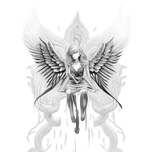 fallen angel is trying to fly up but a snake is trying to stop the angel from flying up tattoo design idea