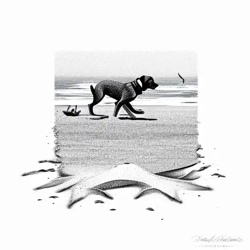 A serene beach scene at sunset, with silhouettes of my dogs playing in the sand tattoo design idea
