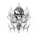 Incorporate gothic architecture with music motifs in a tattoo design that includes skulls and dark imagery tattoo design idea