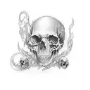 Incorporate gothic architecture with music motifs in a tattoo design that includes skulls and dark imagery tattoo design idea