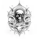 Incorporate gothic architecture with music motifs in a tattoo design that includes skulls and dark imagery tattoo design idea