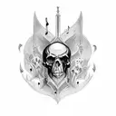 Incorporate gothic architecture with music motifs in a tattoo design that includes skulls and dark imagery tattoo design idea