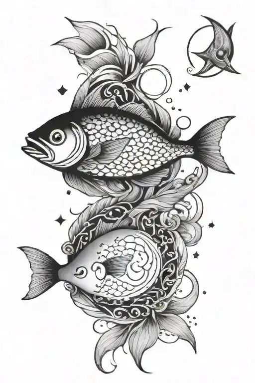 fish and moon stars sea and yin and yang tattoo design idea