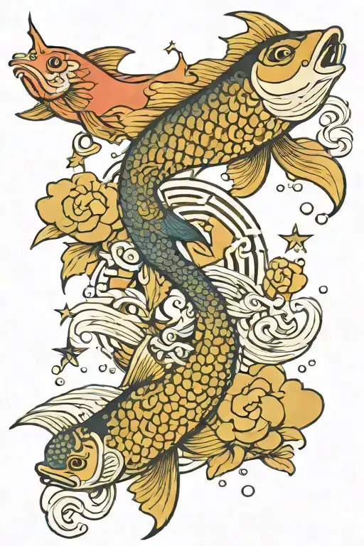 fish and moon stars sea and yin and yang and warrior tattoo design idea