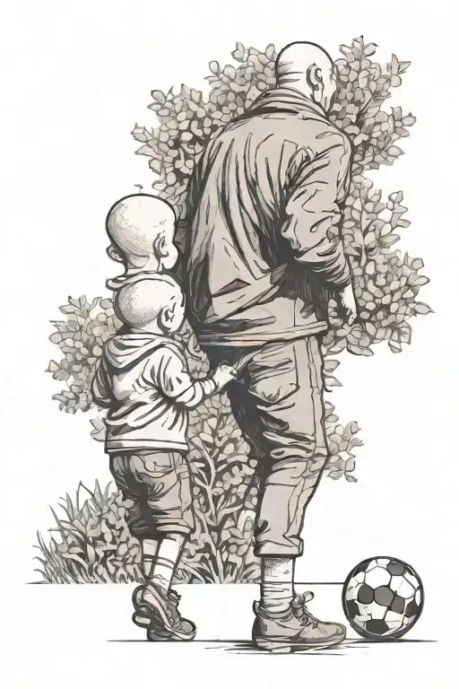 Bald father and little kid, seen from their back. Son holding a soccer ball. Garden with bushes and trees as background. tattoo design idea