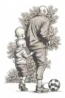 Bald father and little kid, seen from their back. Son holding a soccer ball. Garden with bushes and trees as background. tattoo design idea