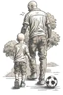 Bald father and little kid, seen from their back. Son holding a soccer ball. Garden with bushes and trees as background. tattoo design idea