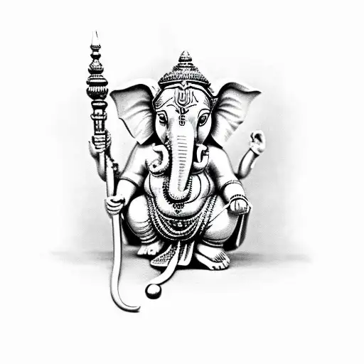 Lord Ganesha with his missing tusk and showing the mouse underneath him and holding his typical adornments with the aum  tattoo design idea