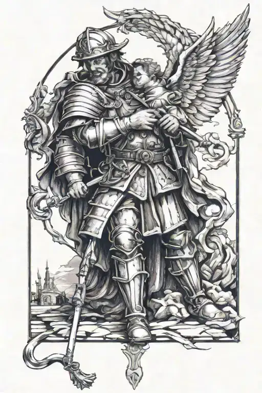 st.Florian facing a firefighter kneeling on one knee praying to St. Florian tattoo design idea