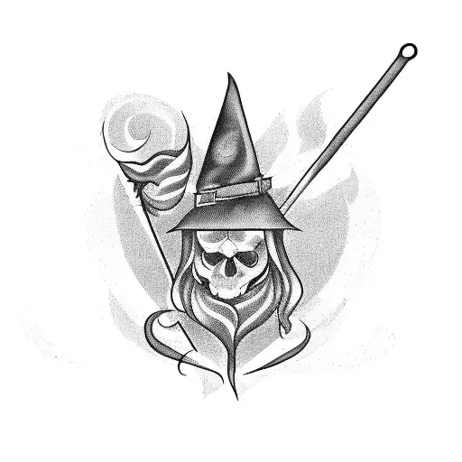 witchy whisk, broom, and cauldron tattoo design idea