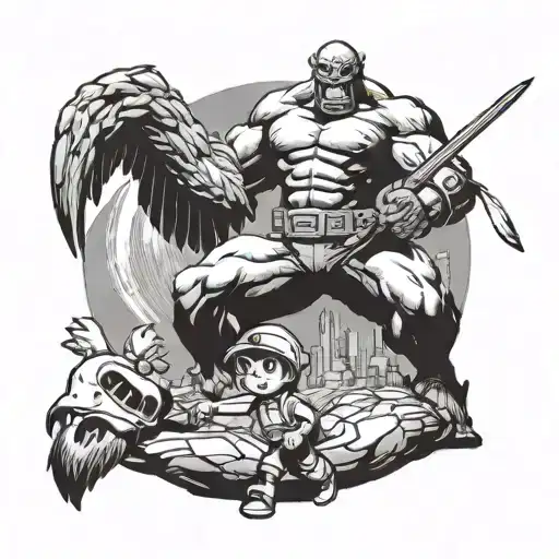 A futuristic comic-style design featuring a student battling giant titans, with a duck companion by their side tattoo design idea