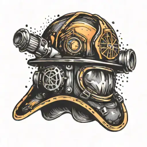 A firefighter's helmet adorned with fiery elements and bold colors tattoo design idea