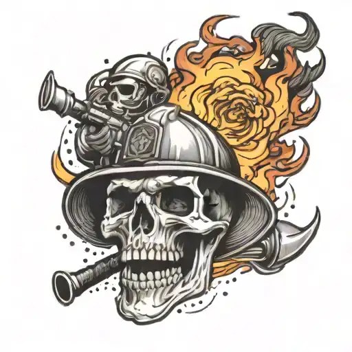 A firefighter battling flames with a skull engulfed in fire in the background tattoo design idea